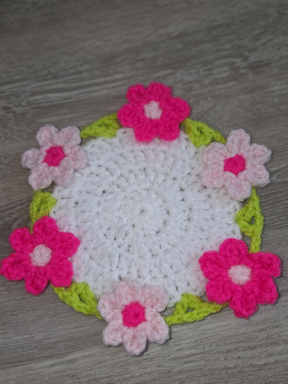 Handmade White Crochet Coasters with Pink Flower Accents Set Of 2 - Picture 2 of 2